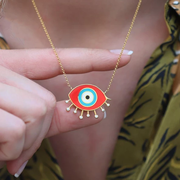 Mine İşli Kırmızı Göz Modeli Gold Kaplama Trend Gümüş Kolye - Resim 3