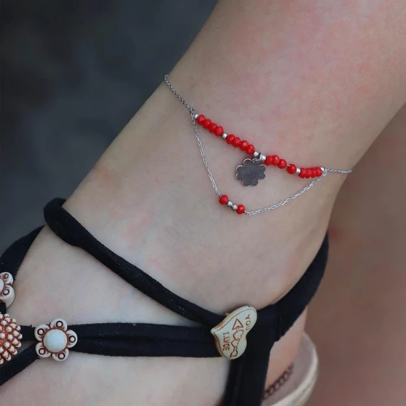 Kök Yakut Taşlı 4 Yapraklı Yonca Figürlü 925 Ayar Gümüş Halhal - 2