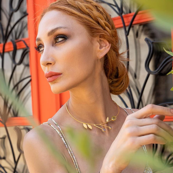 Peridot ve Ametist Taşlı Lamina Tasarım Gold Kaplama Gümüş Gerdanlık - Resim 3