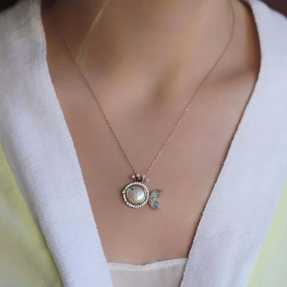 925 Ayar Gümüş Rose Kaplama Sedef Balık Kolye - Resim 2