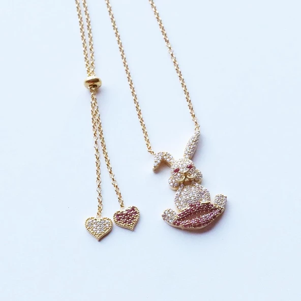 Zirkon Taşlı Gold Kaplama Asansörlü Bunny Gümüş Kolye - Resim 2