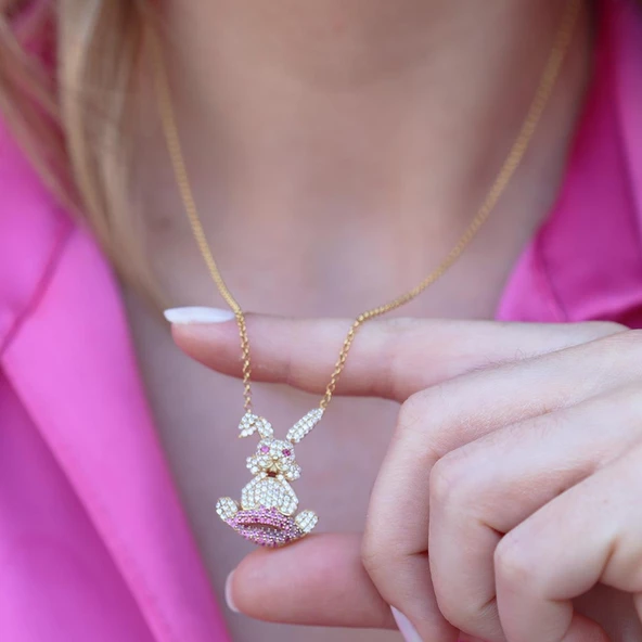 Zirkon Taşlı Gold Kaplama Asansörlü Bunny Gümüş Kolye - Resim 4