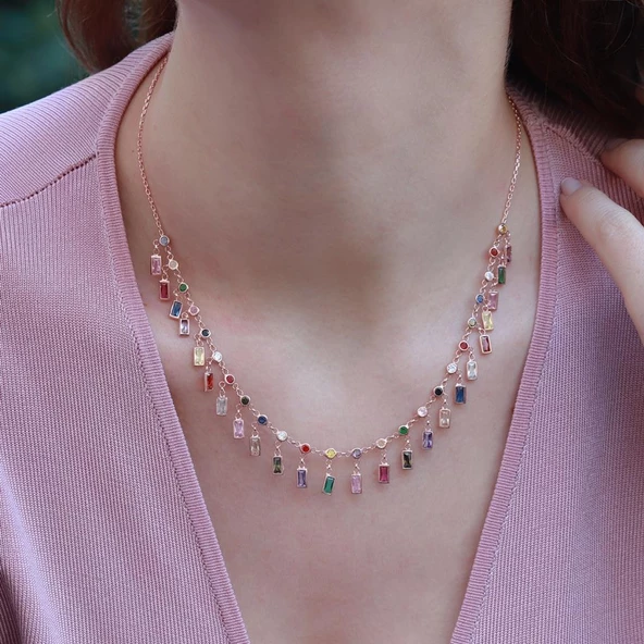 Renkli Zirkon Taşlı Rose Gold Kaplama Trend Gümüş Kolye - Resim 3
