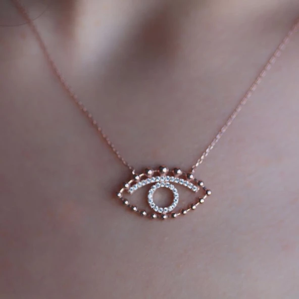 Rose Kaplama 925 Ayar Gümüş Zirkon Taşlı Göz Sembollü Kolye - Resim 2