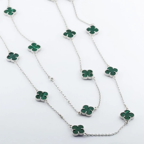 İkonik Alhambra Modeli Yeşil Mine İşli Çift Dolamalı Gümüş Kolye - Resim 4