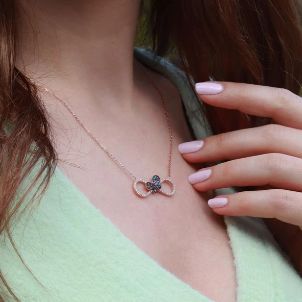 Renkli Zİrkon Taşlı Kelebek Detaylı Sonsuzluk Rose Gold Kaplama Gümüş Kolye - Resim 2