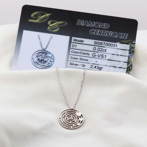Pırlanta Taş Labirent 0.02 CT Rodyum Micron Kaplama Gümüş Kolye - Resim 2