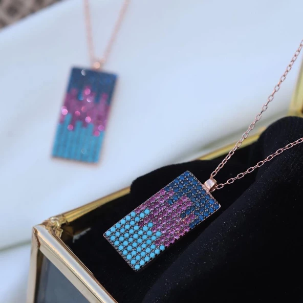 925 Ayar Renkli Zirkon Taşlı Dikdörtgen Gümüş Kolye - Resim 2