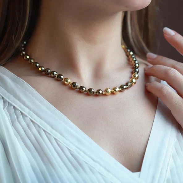 Hematit Taşlı Gold Kaplama Gümüş Kolye - Resim 2