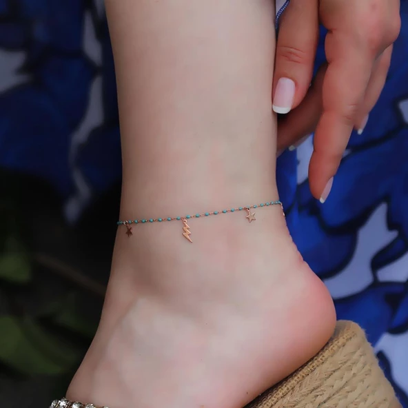 Mini Turkuaz Taşlı Figürlü Rose Gold Kaplama Gümüş Halhal - Resim 3