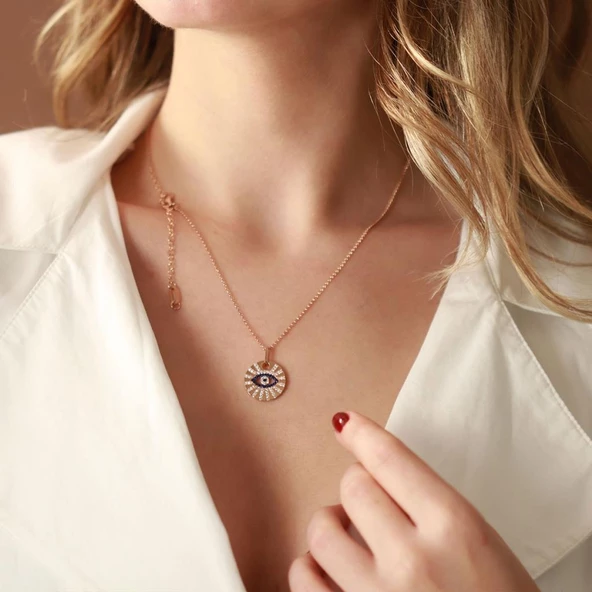 Göz Model Zirkon Taşlı Rose Gold Kaplama Gümüş Kolye ürün görseli 1