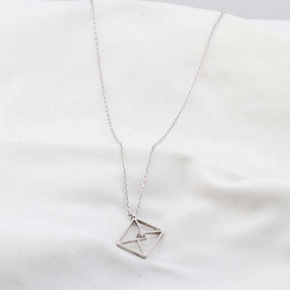 Pırlanta Taş Zarf 0.02 CT Rodyum Micron Kaplama Gümüş Kolye ürün görseli 1