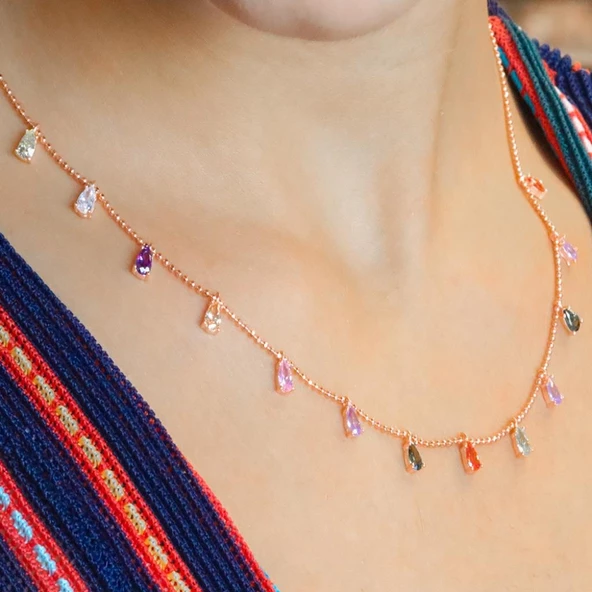 Rose Altın Kaplama Renkli Zirkon 925 Ayar Gümüş Trend Kolye - Resim 2