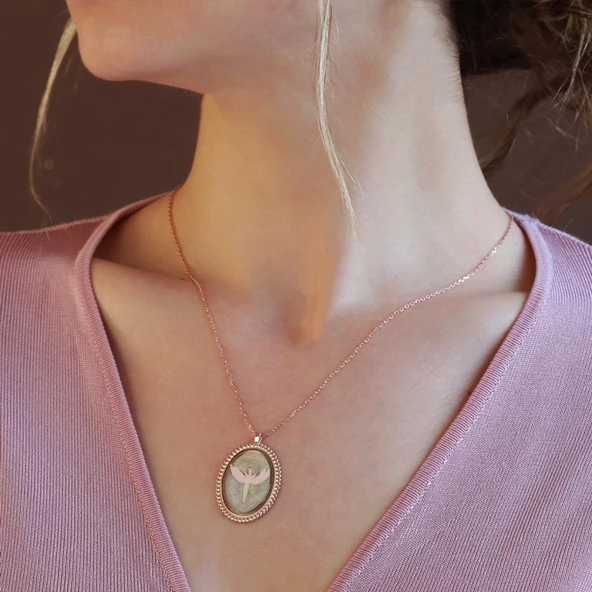 Mikail Meleği Beyaz Mine İşli Rose Gold Kaplama Gümüş Kolye - Resim 3