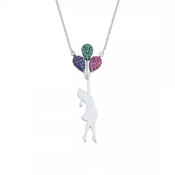 Uçan Balon Renkli Zirkon Taşlı Gümüş Kolye ürün görseli 1