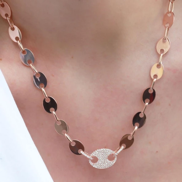 Düğme Modeli Zirkon Taşlı Rose Gold Kaplama Gümüş Kolye - Resim 3