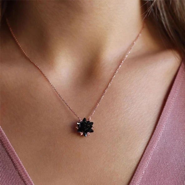 Oniks Taşlı Rose Gold Kaplama Gümüş Kolye - Resim 2