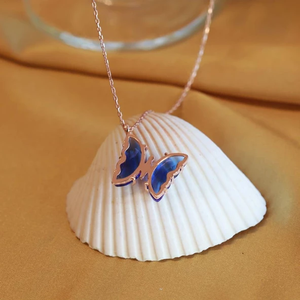 Lacivert Kelebek Model Rose Gold Kaplama Zirkon Taşlı Gümüş Kolye - Resim 4