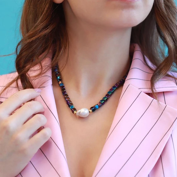 Barok İncili Hematit Taşlı Gold Kaplama Gümüş Kolye ürün görseli 1