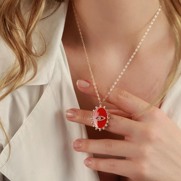 İtalyan Zincirli Mine Neon Kırmızı Taşlı Göz Kolye - Resim 3