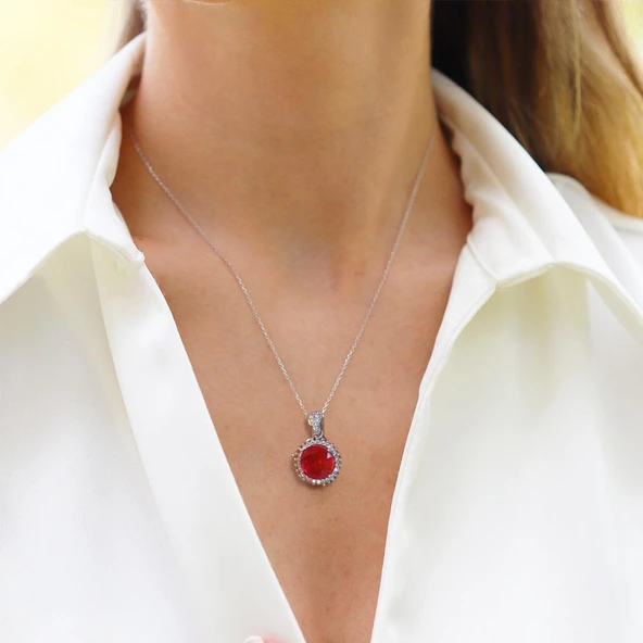 Red Paraiba Taşlı Yuvarlak Model 925 Ayar Gümüş Kolye ürün görseli 1