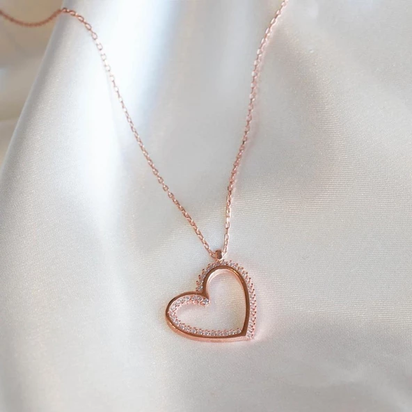 Kalp Zirkon Taşlı Rose Gold Kaplama Gümüş Kolye ürün görseli 1