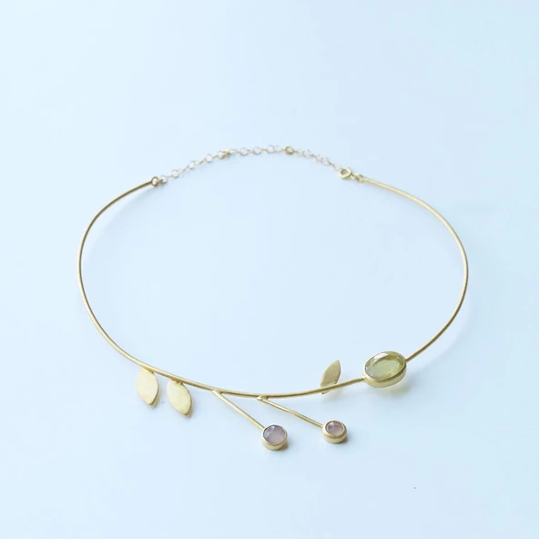 Peridot ve Ametist Taşlı Lamina Tasarım Gold Kaplama Gümüş Gerdanlık - Resim 2