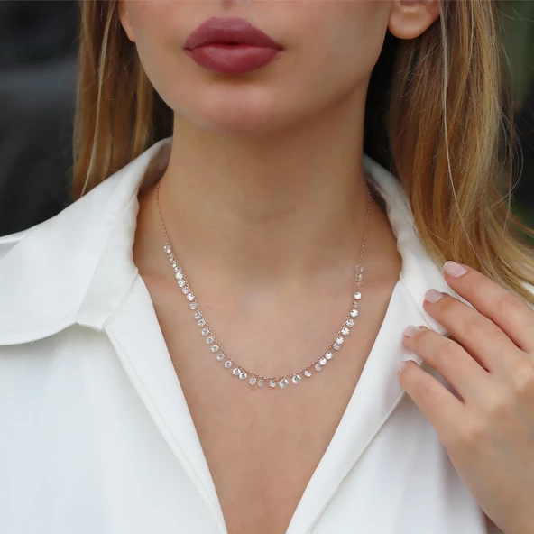 Rose Gold Kaplama Sıra Zirkon Taş Gümüş Kolye ürün görseli 1