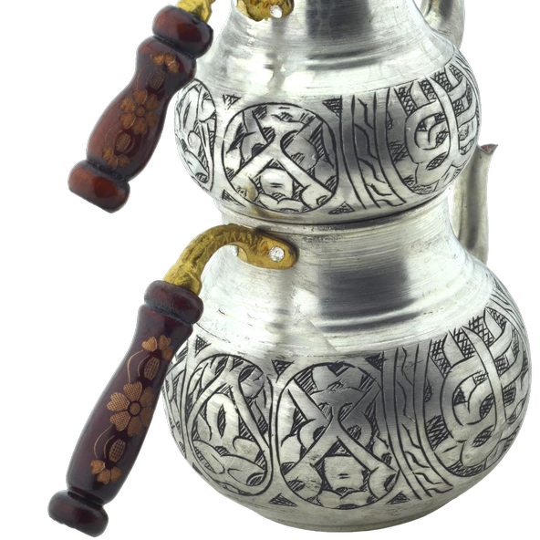 El Işlemeli Desenli Ahşap Saplı Bakır Çaydanlık Gümüş Renk Mod1 - 3