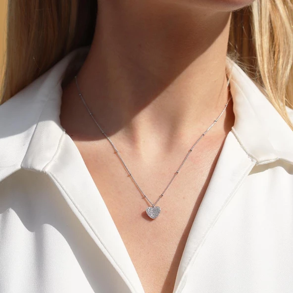 Kalp Zirkon Taşlı Trend Gümüş Kolye - Resim 2