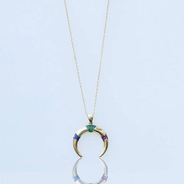 Hilal Modeli Renkli Zirkon Taşlı Gold Kaplama Gümüş Kolye - Resim 4