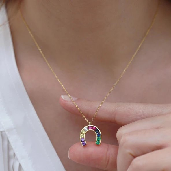 Renkli Zirkon Taşlı Gold Kaplama Şans Nalı Gümüş Kolye - Resim 4