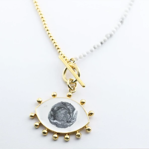 Mine İşli Göz Modeli Gold Kaplama Doğaltaşlı Gümüş Kolye - Resim 2