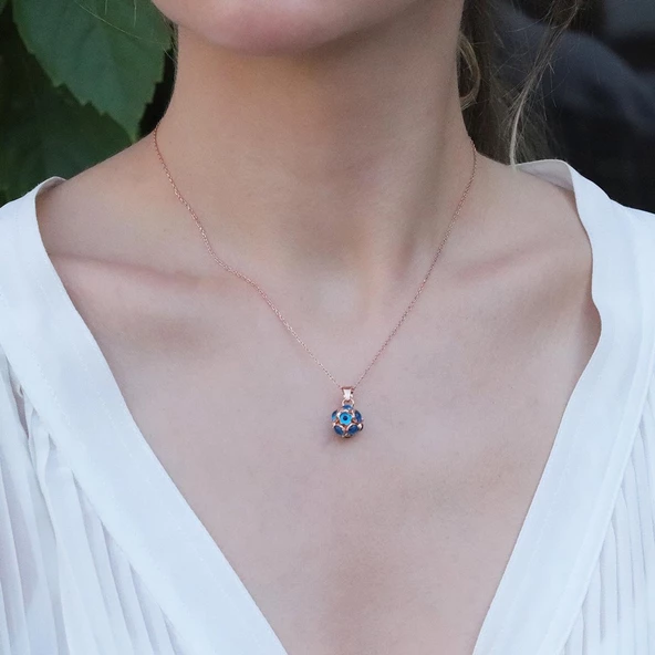 Nazar Boncuklu Rose Gold Kaplama Top Gümüş Kolye ürün görseli 1