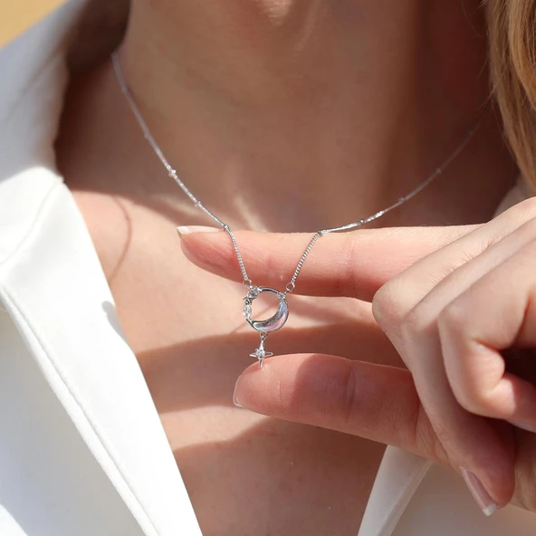 Moody Ay Yıldız Gümüş Trend Kolye - Resim 4