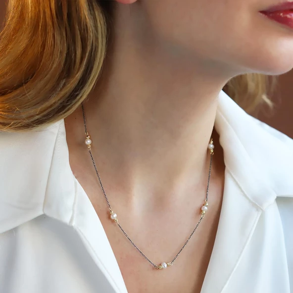 İncili Oksitli 925 Ayar Trend Gümüş Kolye - Resim 2