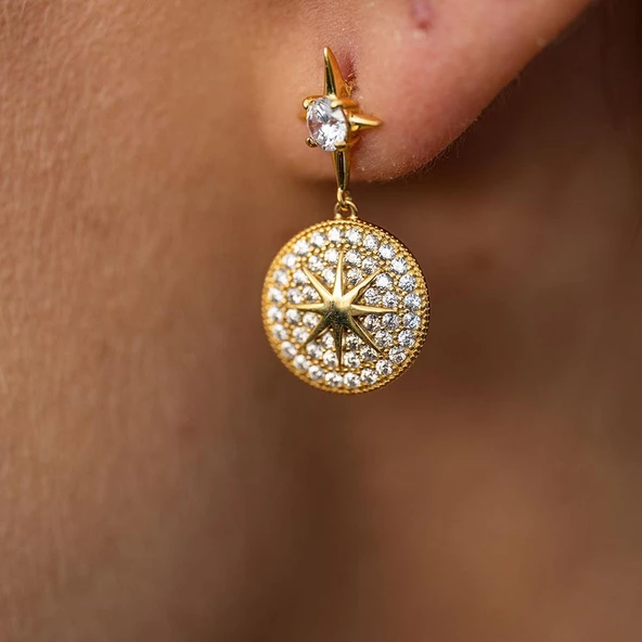 Zirkon Taşlı Gold Kaplama Kutup Yıldızı Gümüş Küpe - Resim 4