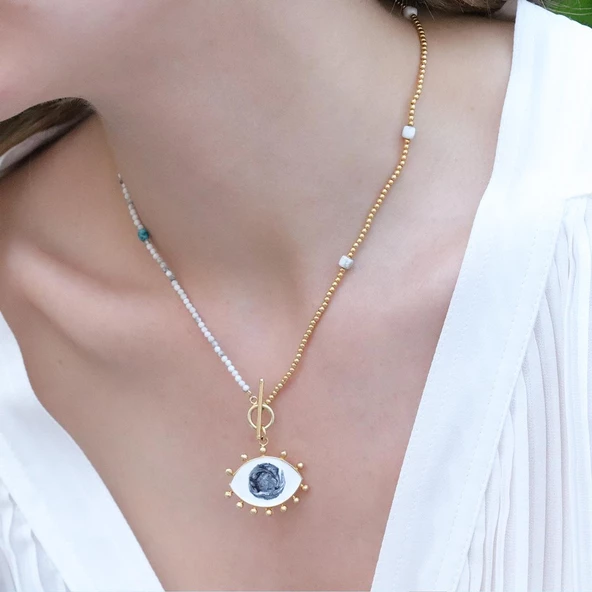 Mine İşli Göz Modeli Gold Kaplama Doğaltaşlı Gümüş Kolye - Resim 5