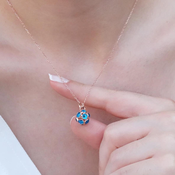 Nazar Boncuklu Rose Gold Kaplama Top Gümüş Kolye - Resim 2