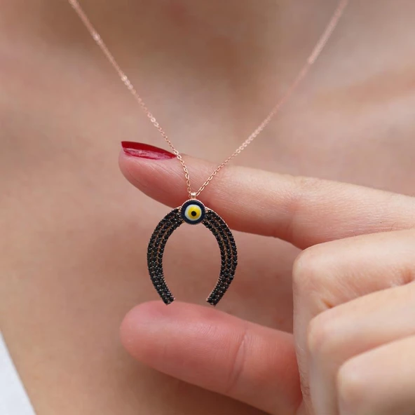 Şans Nalı Nazar Boncuklu Rose Gold Kaplama Gümüş Kolye - Resim 3