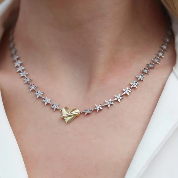 Kalp Yıldızlı Trend Çift Renkli Gümüş Kolye - Resim 4