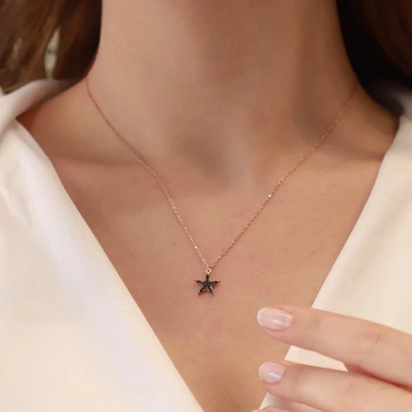 Mini Yıldız Siyah Zirkon Taşlı Rose Gold Kaplama Gümüş Kolye - Resim 3