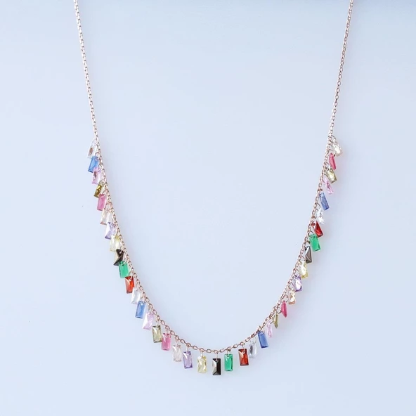 Renkli Zirkon Taşlı Rose Gold Kaplama Gümüş Trend Kolye - Resim 4