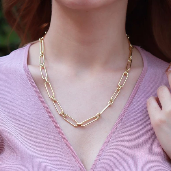 Gold Kaplama Trend Geçme Zincir Gümüş Kolye - Resim 3