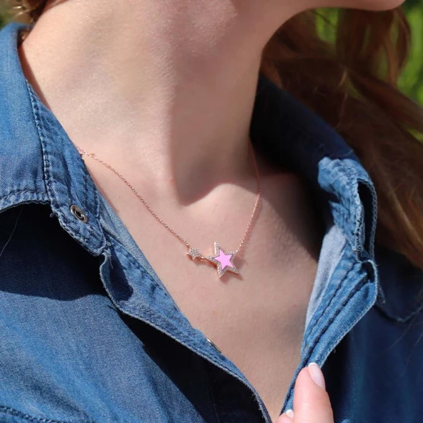 Pembe Yıldız Zirkon Taşlı Rose Gold Kaplama Mine İşli Gümüş Kolye - Resim 3