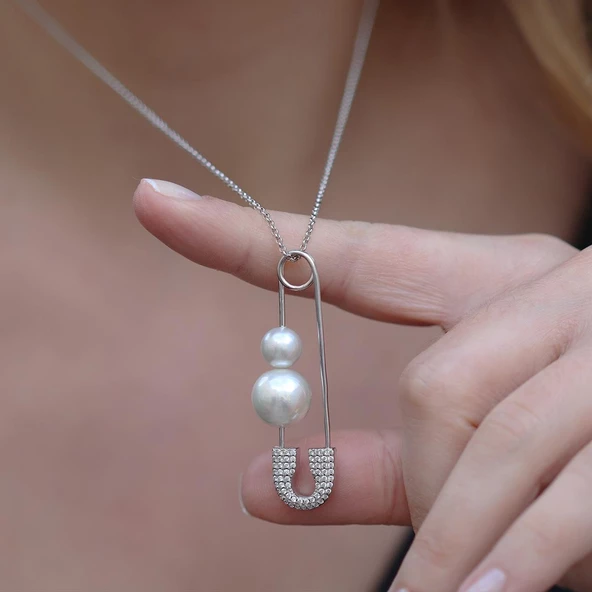 İnci İğne Zirkon Taşlı Gümüş Kolye - Resim 3