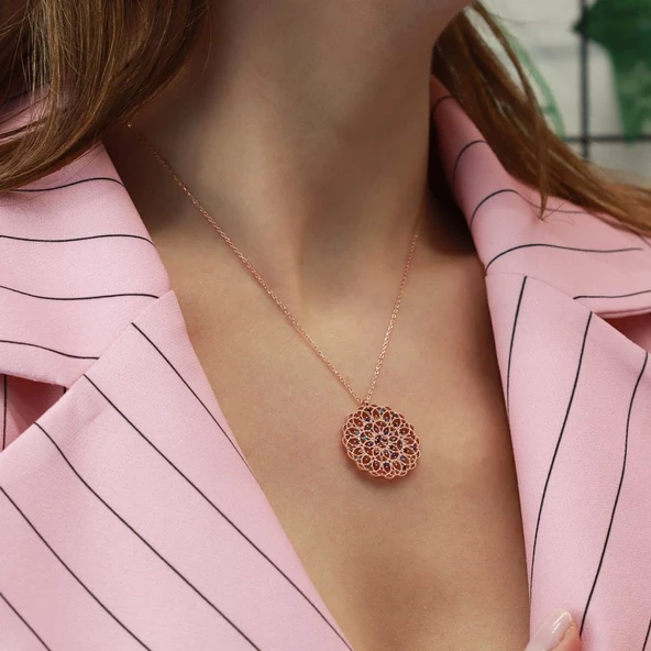 Yaşam Çiçeği Renkli Zirkon Taşlı Rose Gold Kaplama Gümüş Kolye - Resim 2