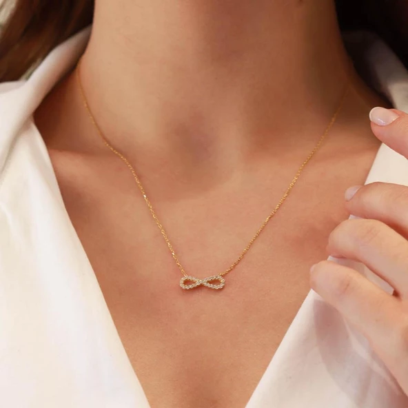 İnce Sonsuzluk Zirkon Taşlı Gold Kaplama Gümüş Kolye - Resim 2