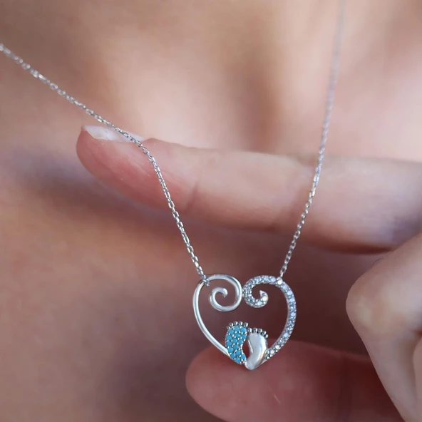 Turkuaz Taşlı Kalpli Anne Bebek Ayak İzi Gümüş Kolye - Resim 3