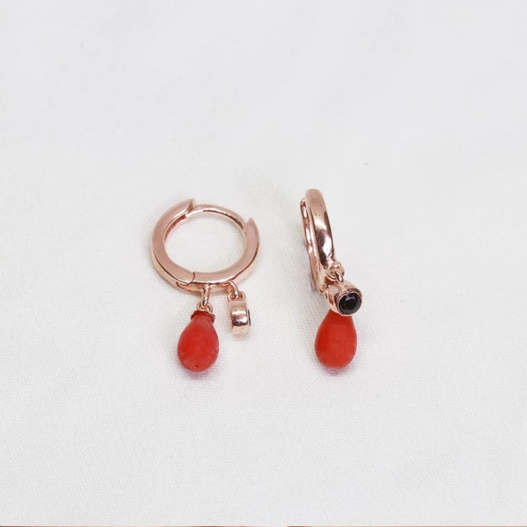 Doğal Mercan Taşlı Rose Gold Kaplama Gümüş Küpe - Resim 3